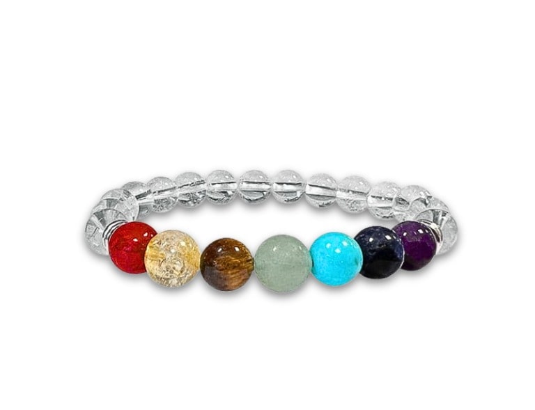 Bracciale in cristallo di roccia e perle di chakras - 8mm